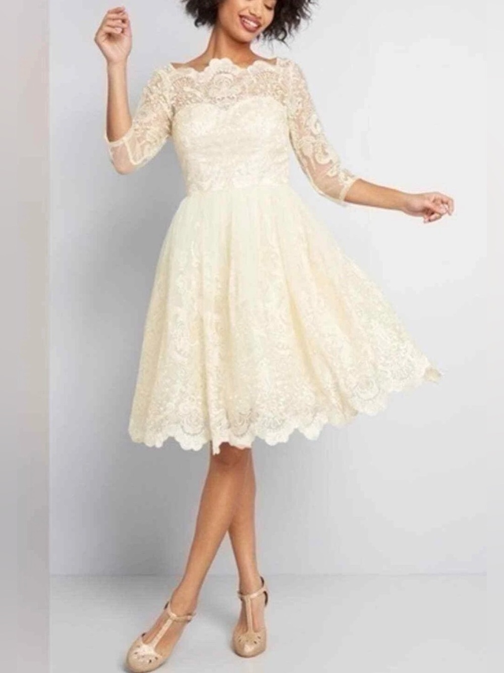Chi Chi London Cream Lace Midi Dress with Sheer Three-Quarter Sleeves